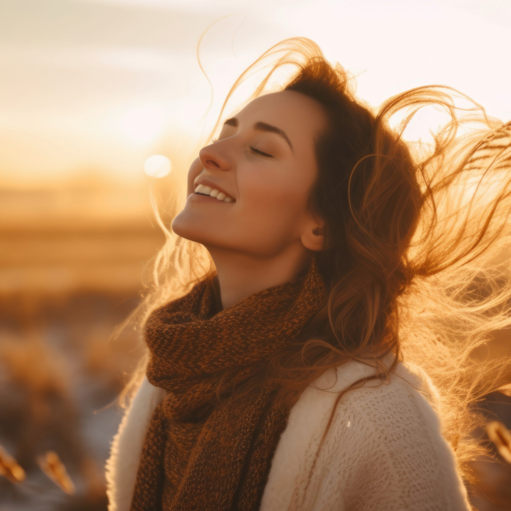 a woman with her eyes closed and wind blowing her hair