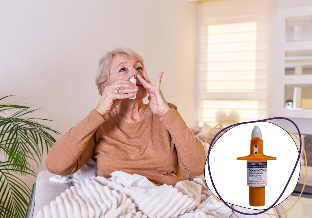 An old woman using Spravato nasal spray